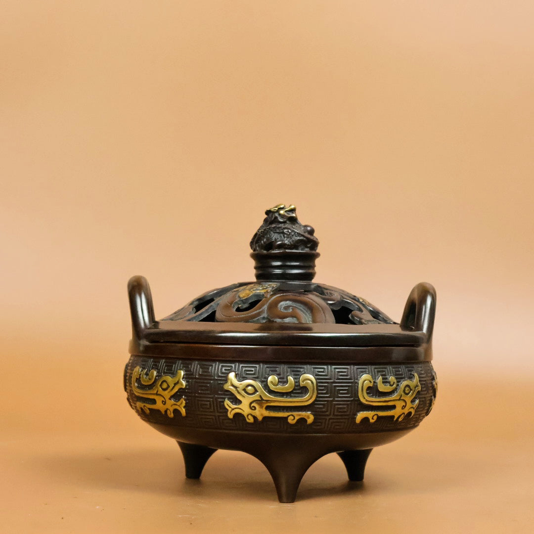 A0715 Vintage Chinese Gilt Gold Copper 3 Legs Double Ears Incense Burner