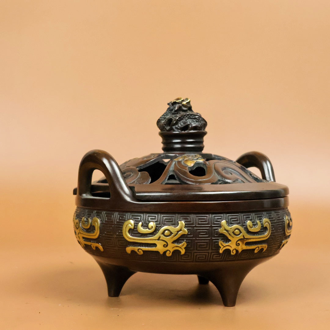 A0715 Vintage Chinese Gilt Gold Copper 3 Legs Double Ears Incense Burner