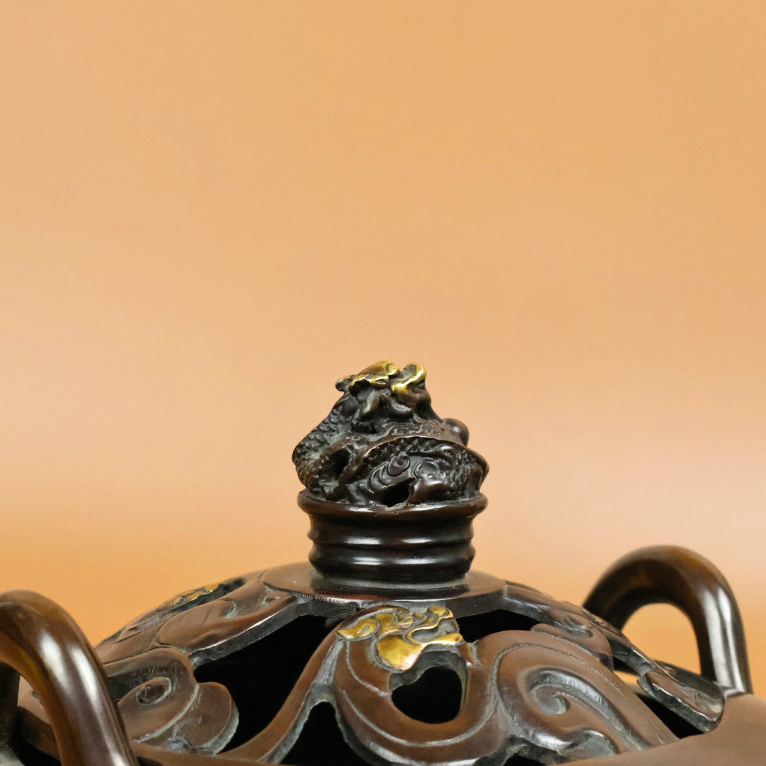 A0715 Vintage Chinese Gilt Gold Copper 3 Legs Double Ears Incense Burner