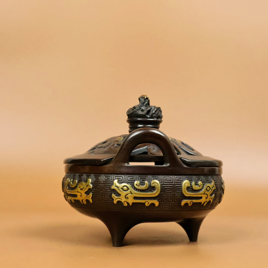 A0715 Vintage Chinese Gilt Gold Copper 3 Legs Double Ears Incense Burner