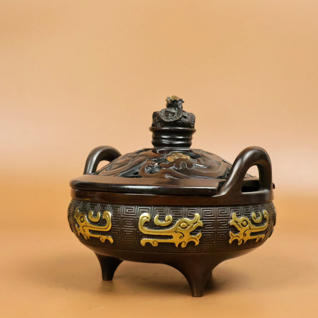 A0715 Vintage Chinese Gilt Gold Copper 3 Legs Double Ears Incense Burner
