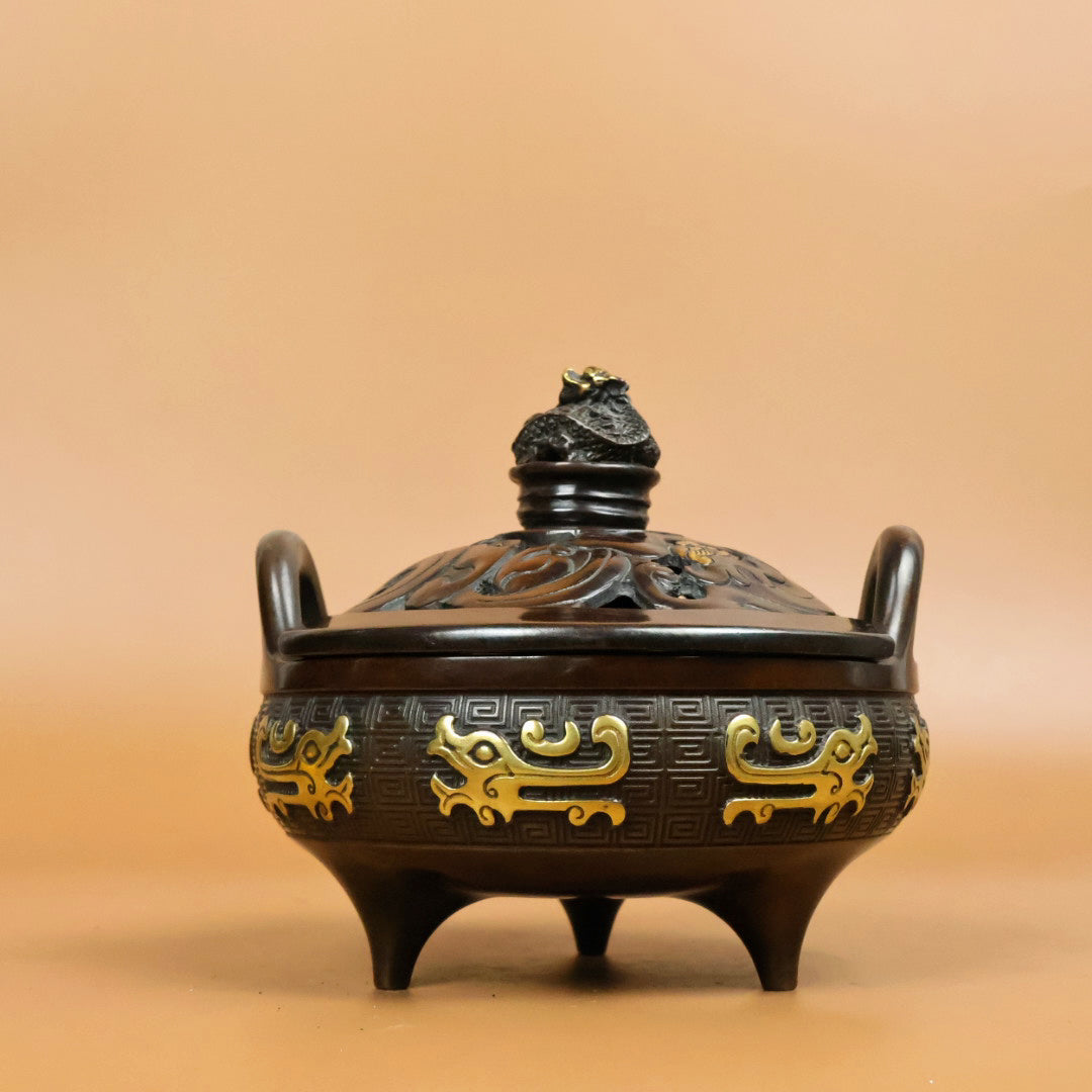 A0715 Vintage Chinese Gilt Gold Copper 3 Legs Double Ears Incense Burner