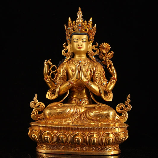 A0717 Excellent Tibetan Gilt Gold Copper Inlay Gems Four Kwan-yin Statue