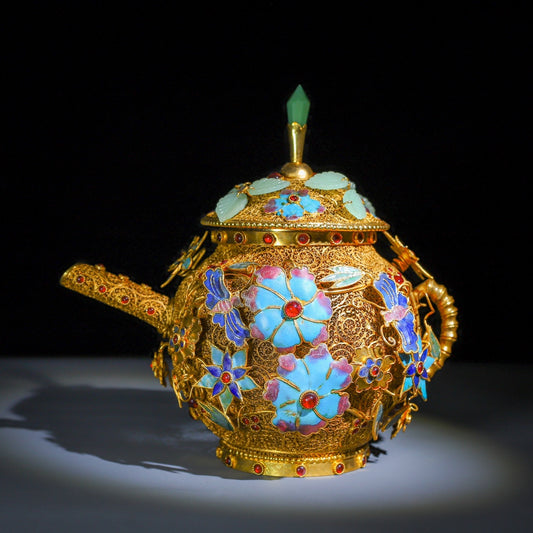 A0743 Exquisite Gold Wires Enamel Inlay Gem Butterfly & Flowers Wine Pot