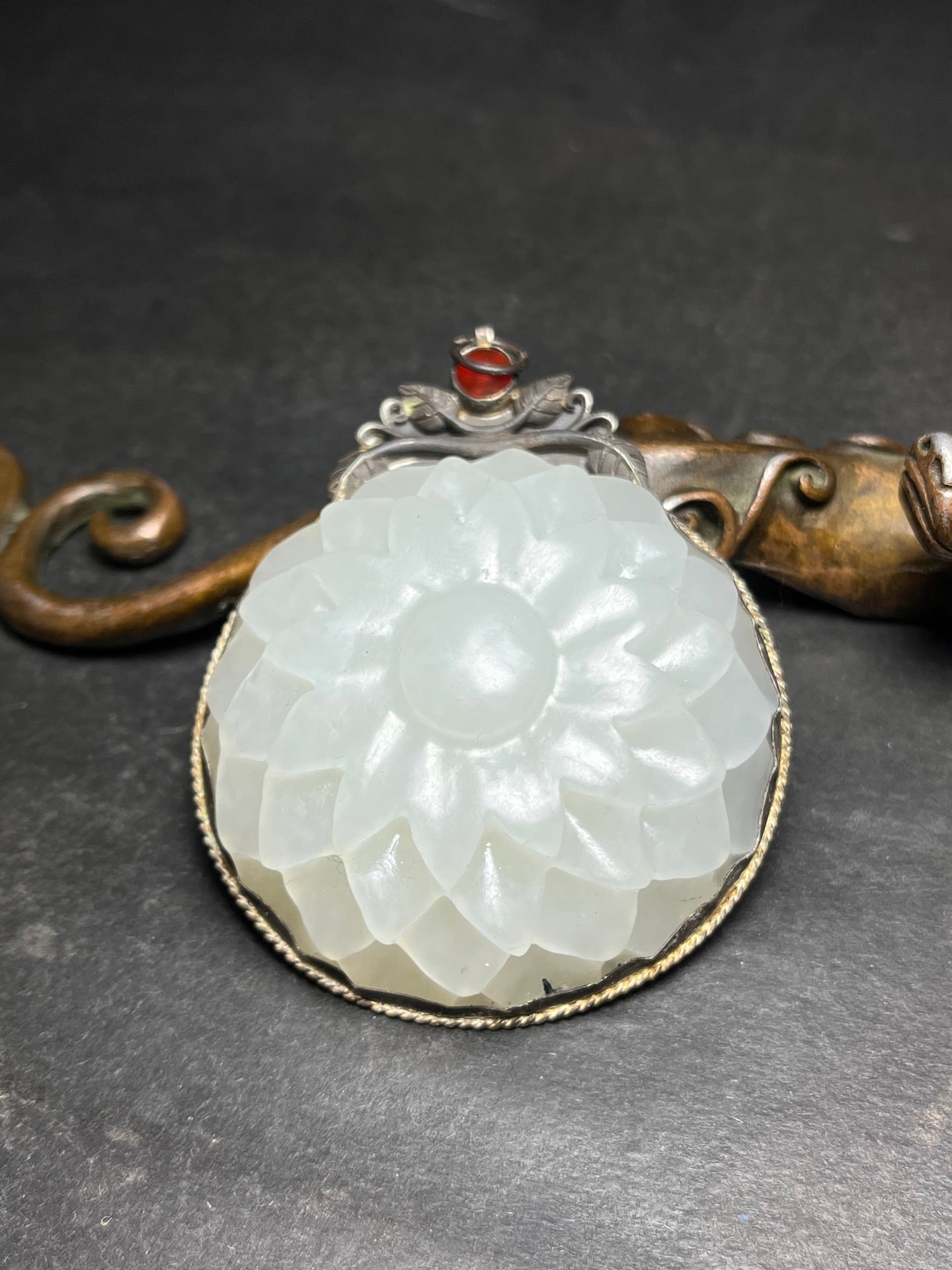 A0746 Vintage Chinese Pure Silver Inlay Hetian Jade Flower Pendant