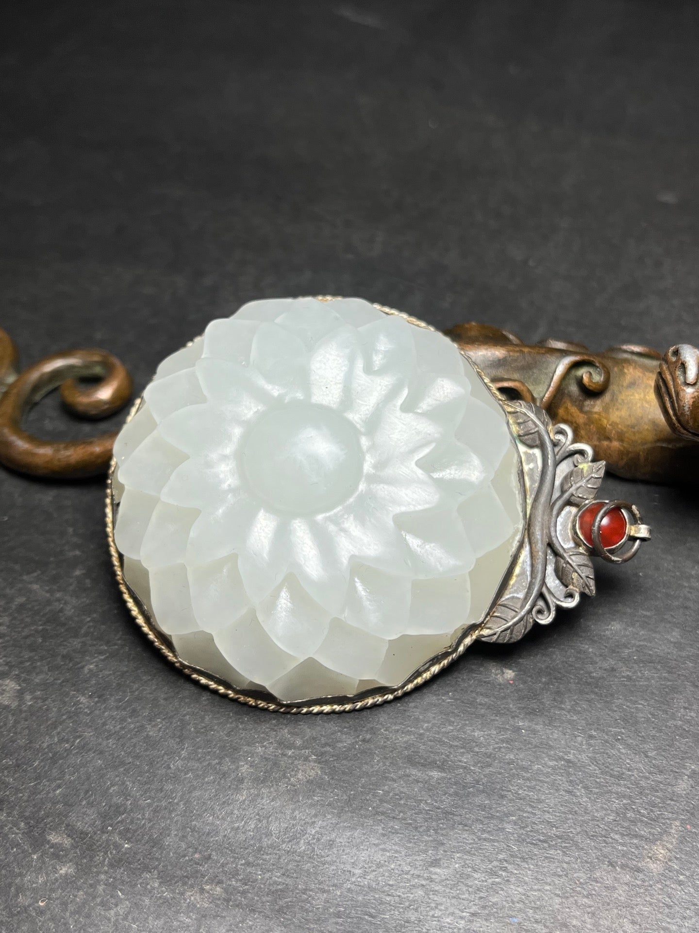 A0746 Vintage Chinese Pure Silver Inlay Hetian Jade Flower Pendant