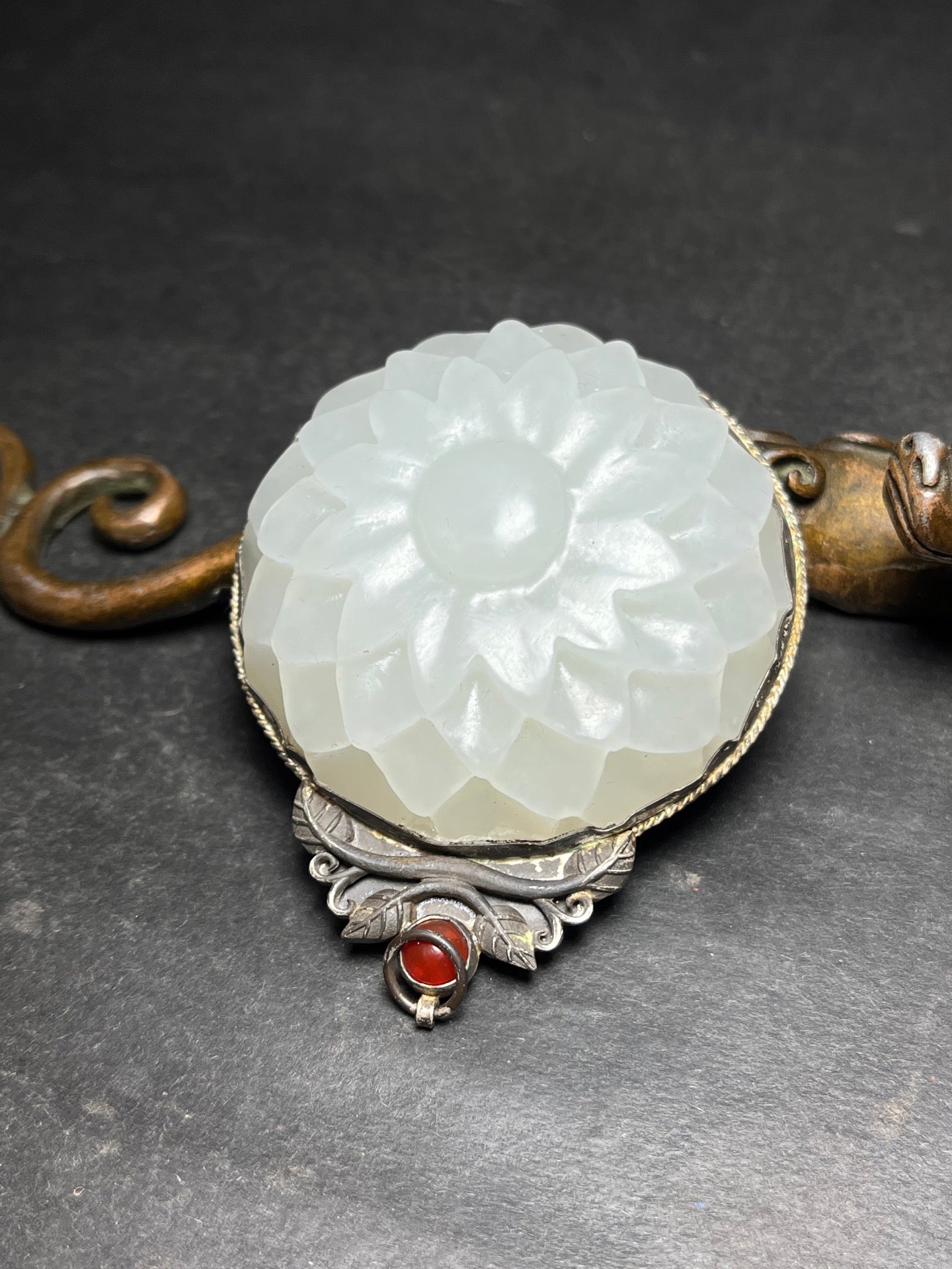 A0746 Vintage Chinese Pure Silver Inlay Hetian Jade Flower Pendant