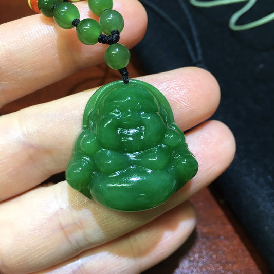 A0757 Chinese Natural Green Hetian Jade Carved Laughing Buddha Pendant