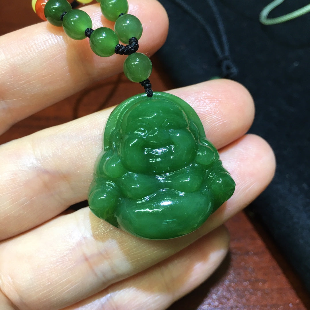 A0757 Chinese Natural Green Hetian Jade Carved Laughing Buddha Pendant