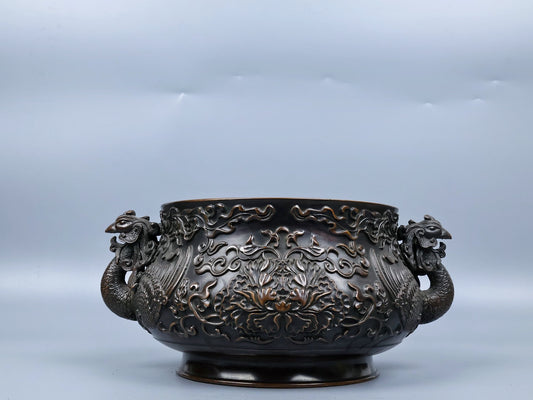 A0762 Chinese Copper Double Ears Phoenix & Peony Incense Burner