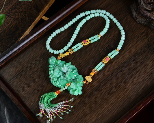 A0766 Exquisite Jadeite Carved Mandarin Ducks & Lotus Flower Pendant w Beeswax & Tourmaline Beads Necklace