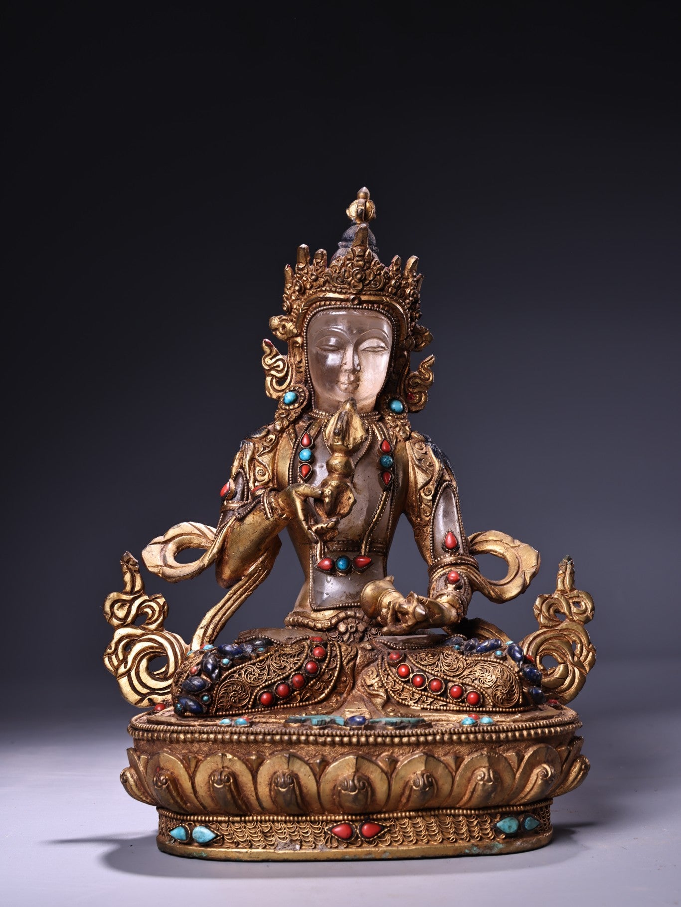 A0767 ibetan Buddhism Gilt Gold Copper Inlay Crystal & Gems Vajrapani Statue