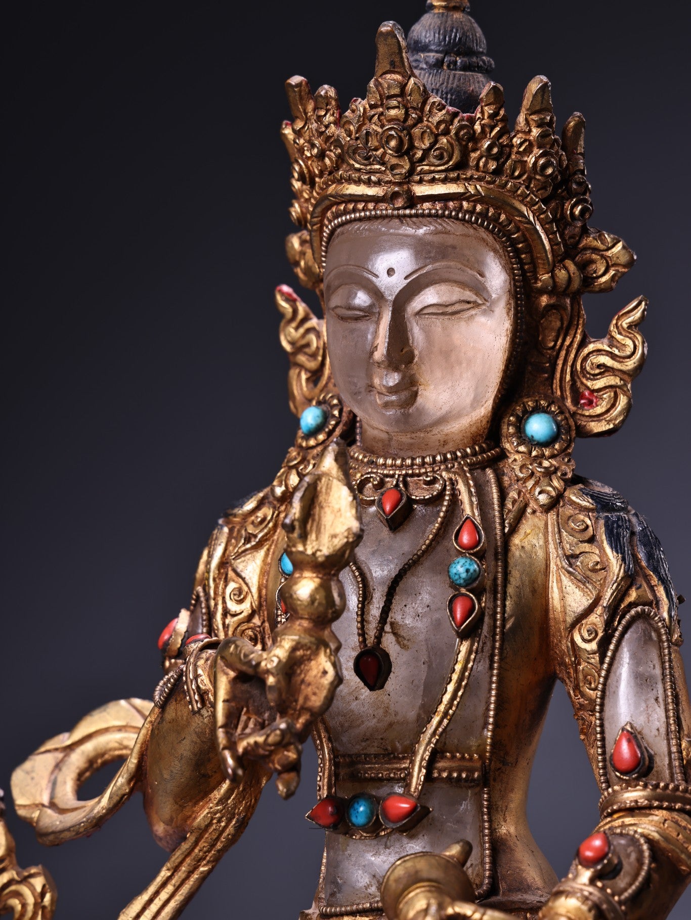 A0767 ibetan Buddhism Gilt Gold Copper Inlay Crystal & Gems Vajrapani Statue