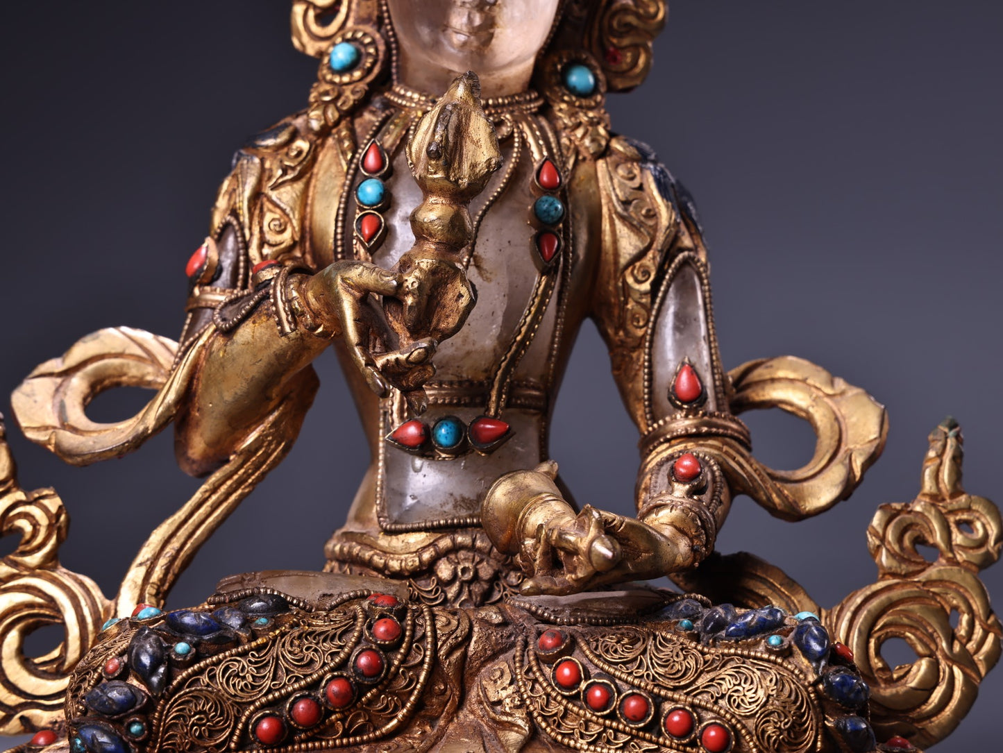 A0767 ibetan Buddhism Gilt Gold Copper Inlay Crystal & Gems Vajrapani Statue