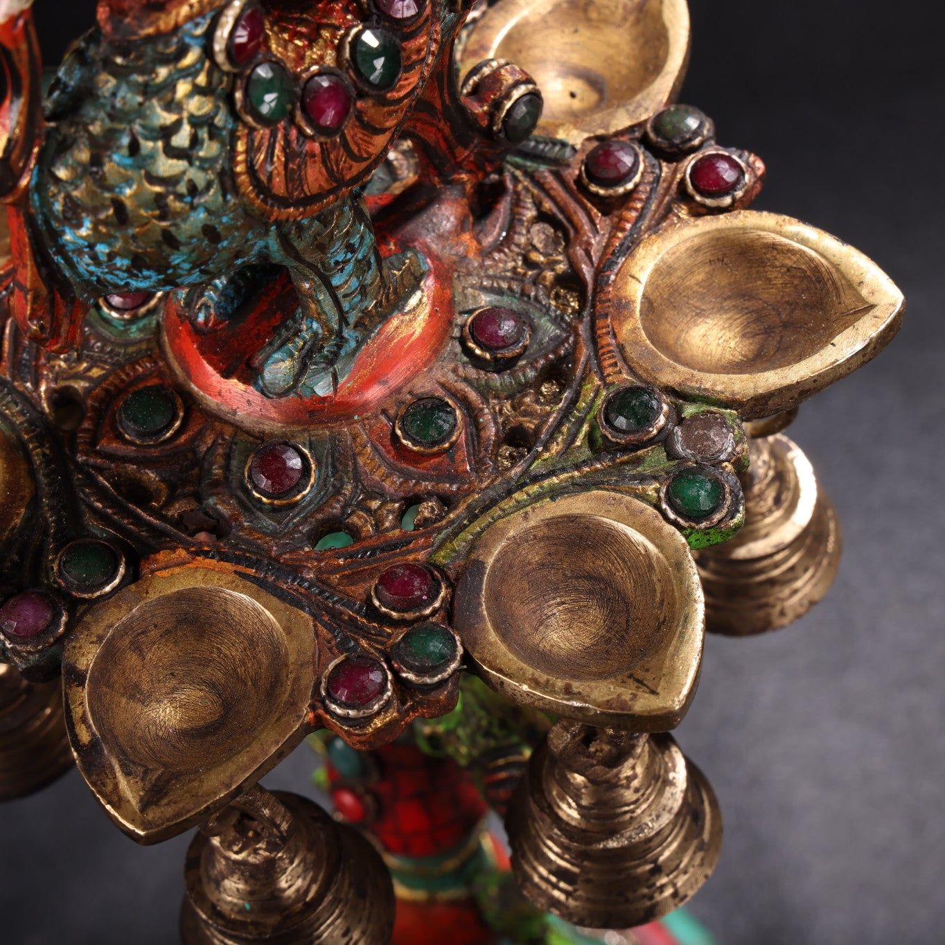 A0770 A Pair Tibetan Buddhism Gilt Gold Copper Inlay Turquoise & Gems Phoenix Candlesticks