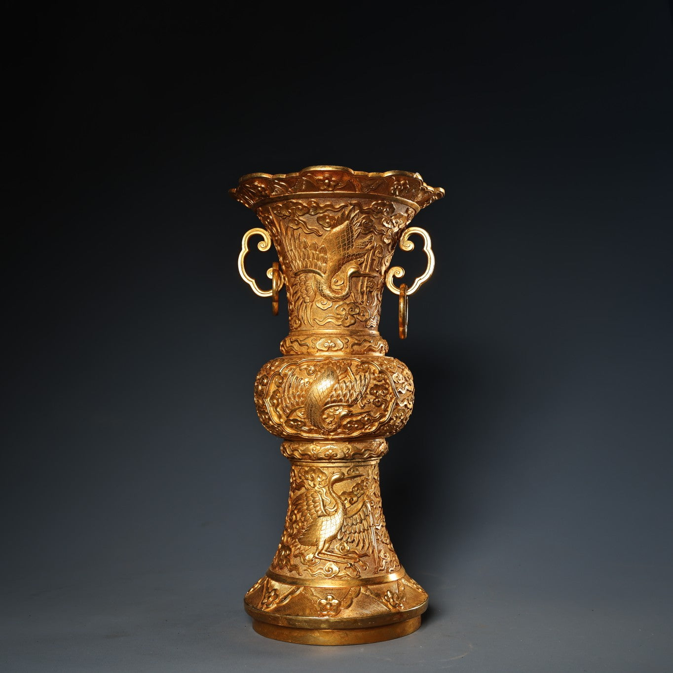A0772 Vintage Chinese Gilt Gold Copper Low Relief Crane Design Vase