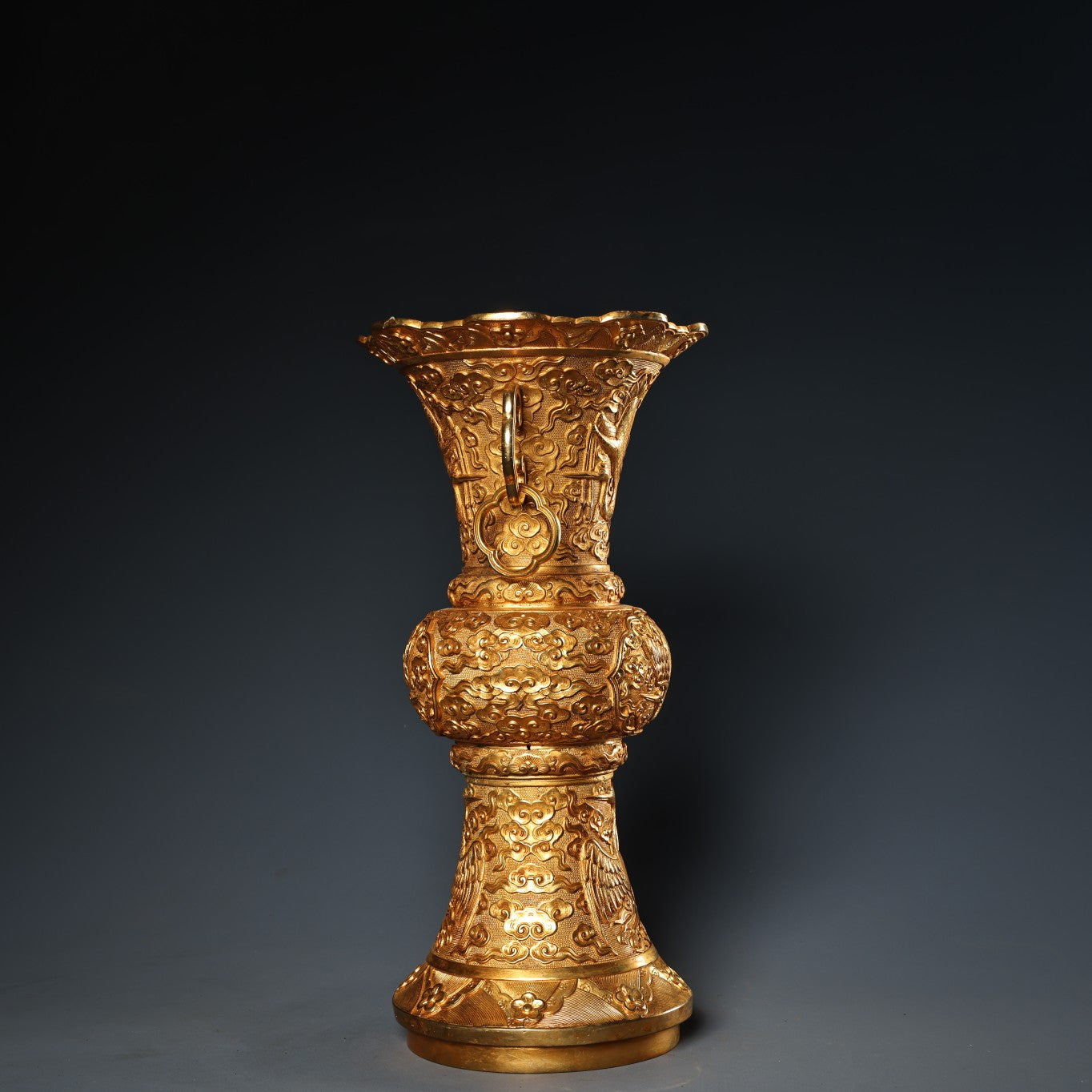 A0772 Vintage Chinese Gilt Gold Copper Low Relief Crane Design Vase