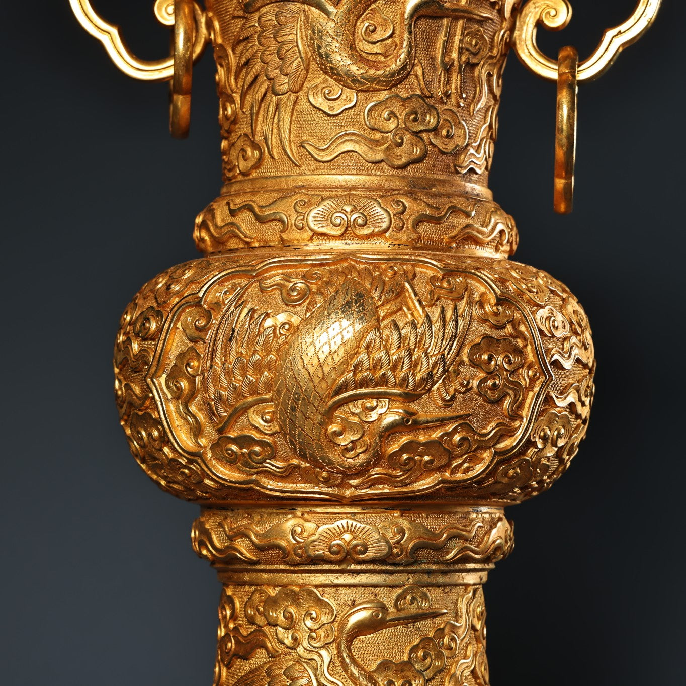 A0772 Vintage Chinese Gilt Gold Copper Low Relief Crane Design Vase