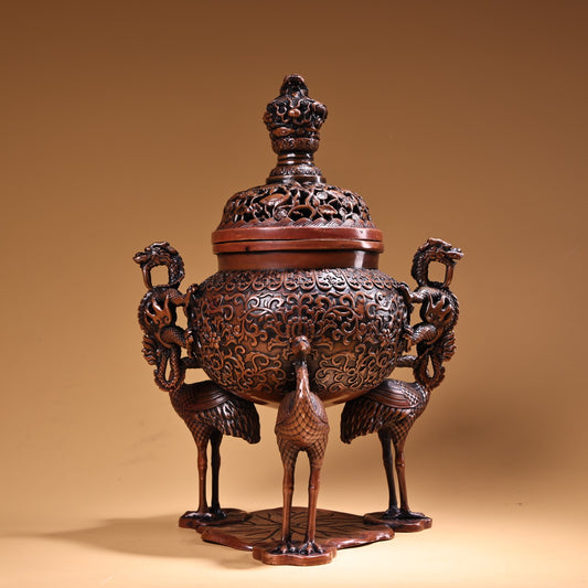 A0775 Vintage Chinese Copper 3 Legs Crane Double Ears Dragon Incense Burner