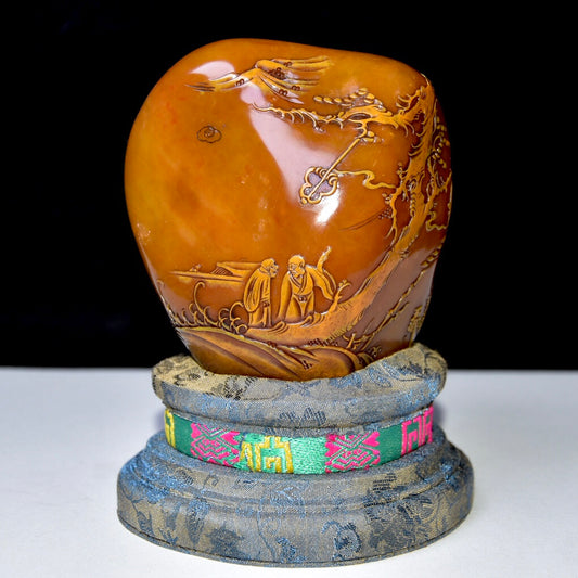 A0778 Superb Old Chinese Shoushan Tianhuang Stone Low Relief Pine Tree & Figure Seal Statue w Box