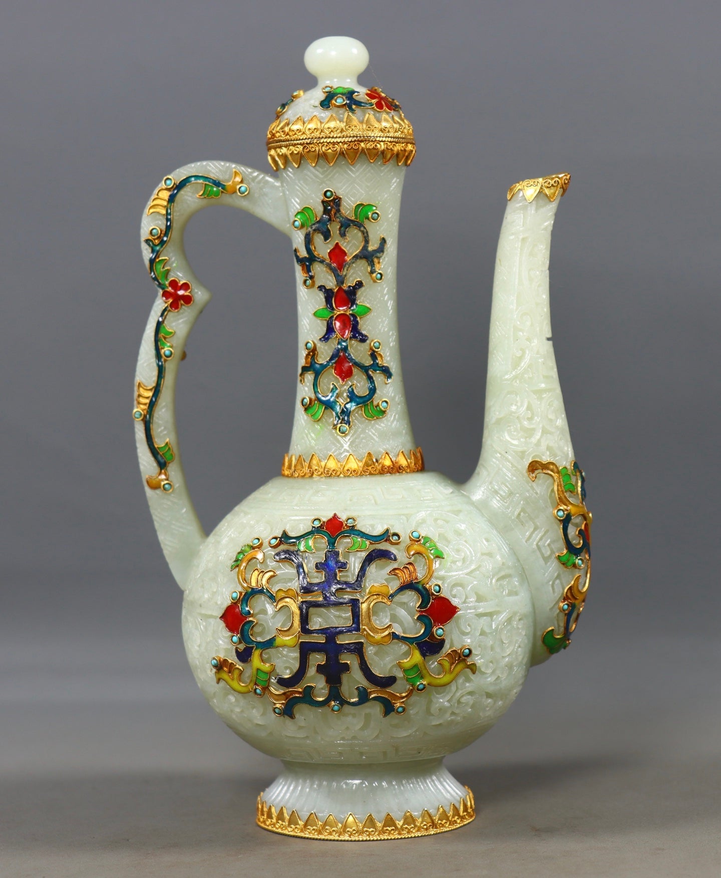 A0789 Exquisite Chinese Hetian Jade Inlay Silver Wires Enamel Wine Pot