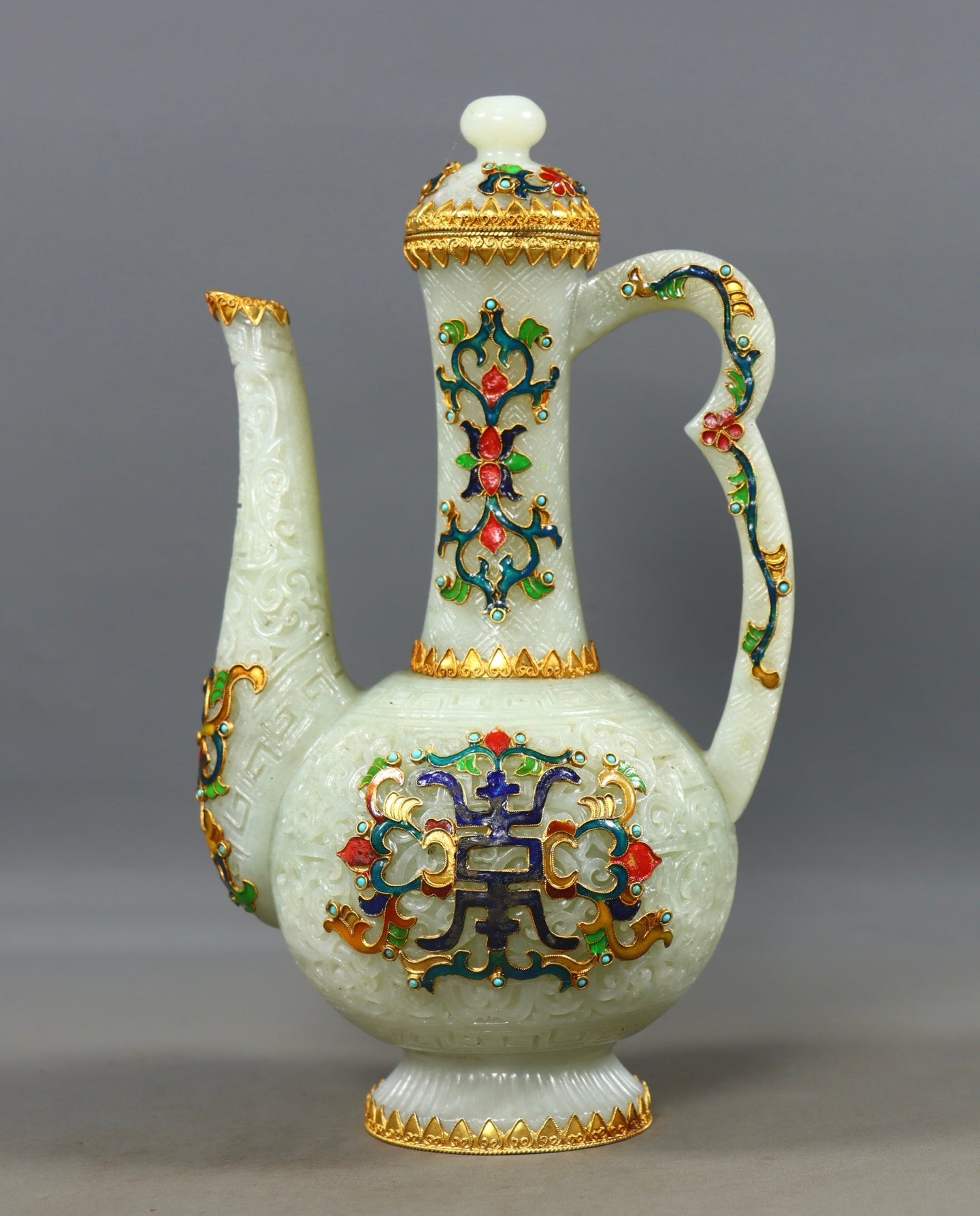 A0789 Exquisite Chinese Hetian Jade Inlay Silver Wires Enamel Wine Pot