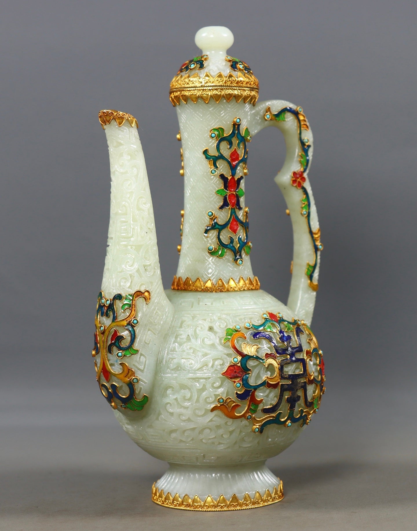 A0789 Exquisite Chinese Hetian Jade Inlay Silver Wires Enamel Wine Pot