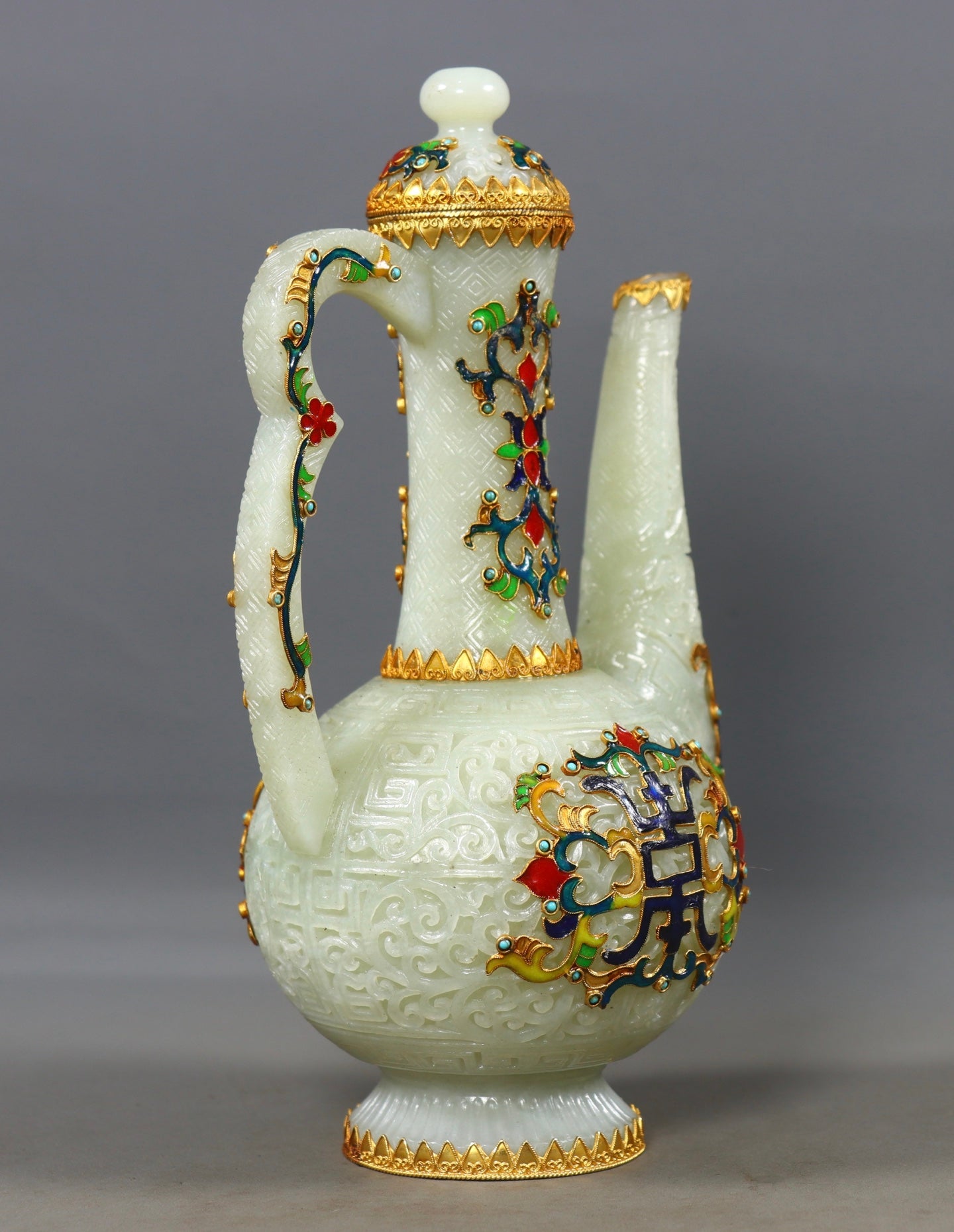 A0789 Exquisite Chinese Hetian Jade Inlay Silver Wires Enamel Wine Pot