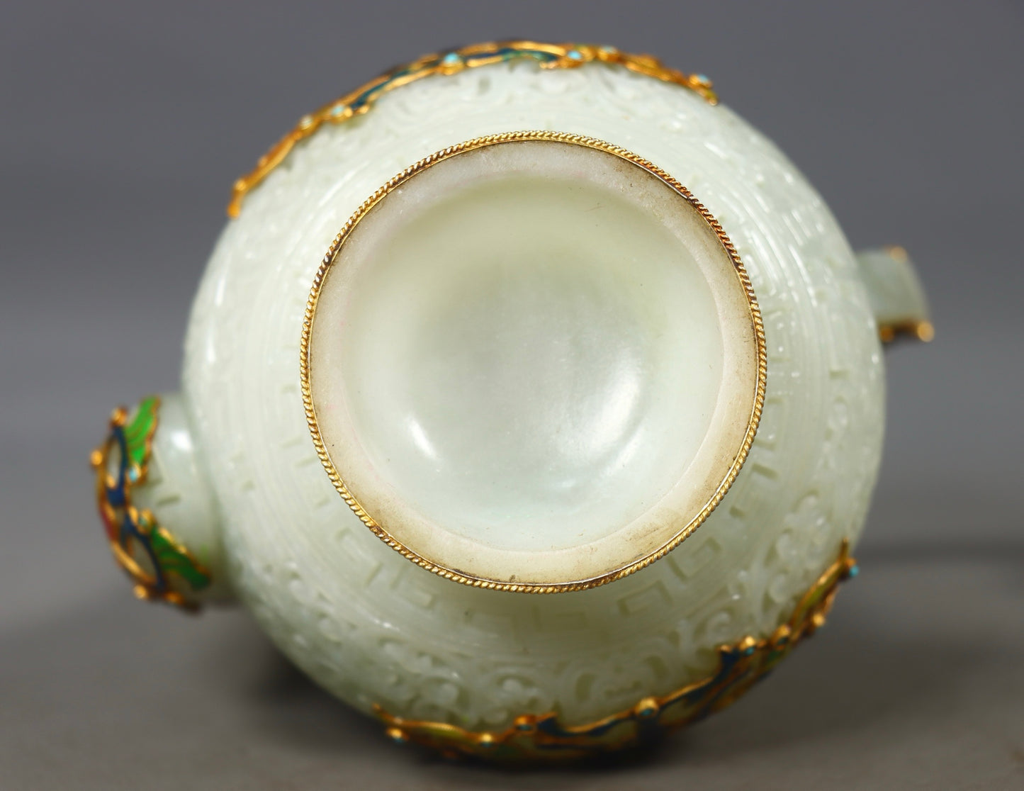A0789 Exquisite Chinese Hetian Jade Inlay Silver Wires Enamel Wine Pot