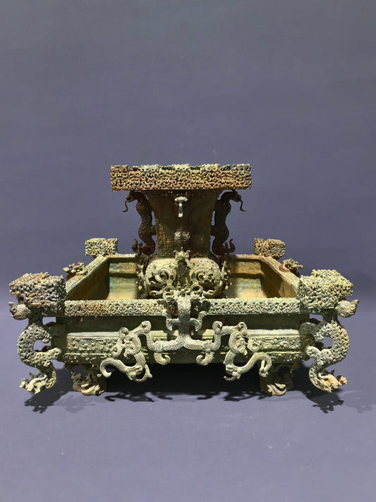 A0790 Vintage Chinese Bronze High Relief Fortune Dragon Wine Vessel Statue