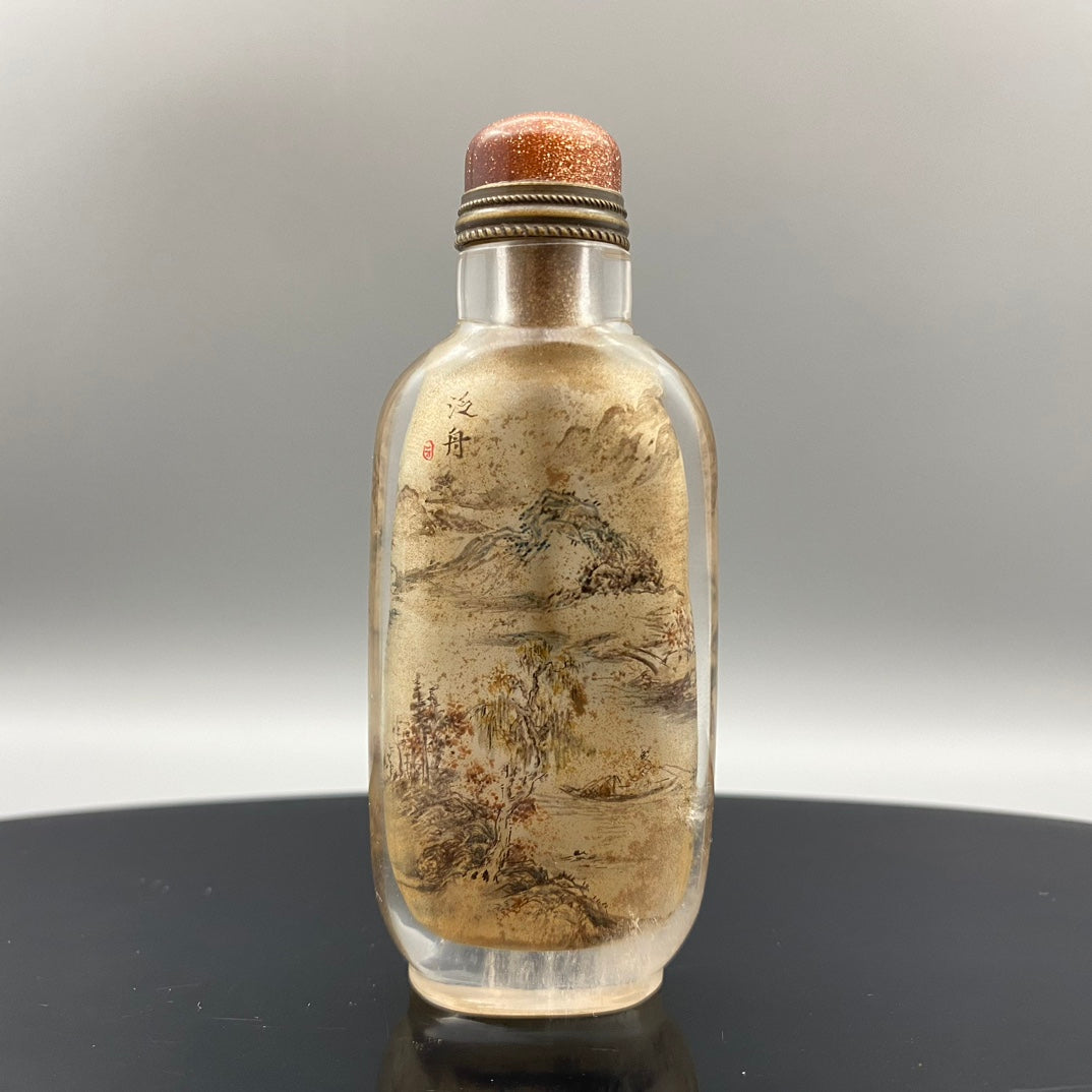 A0792 Old Chinese Crystal Inside Painting Mountain River Scene Design Snuff Bottle w Stopper