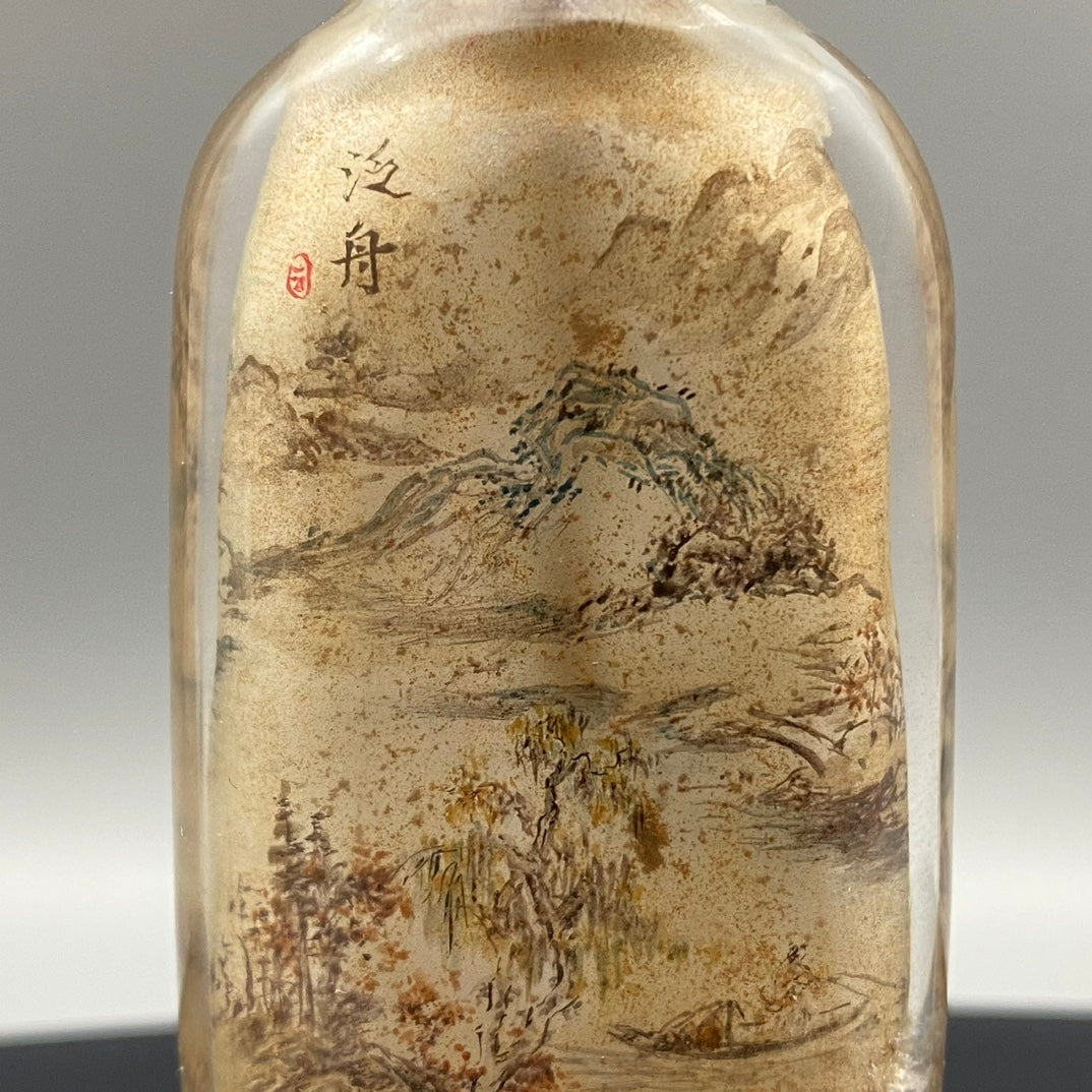 A0792 Old Chinese Crystal Inside Painting Mountain River Scene Design Snuff Bottle w Stopper