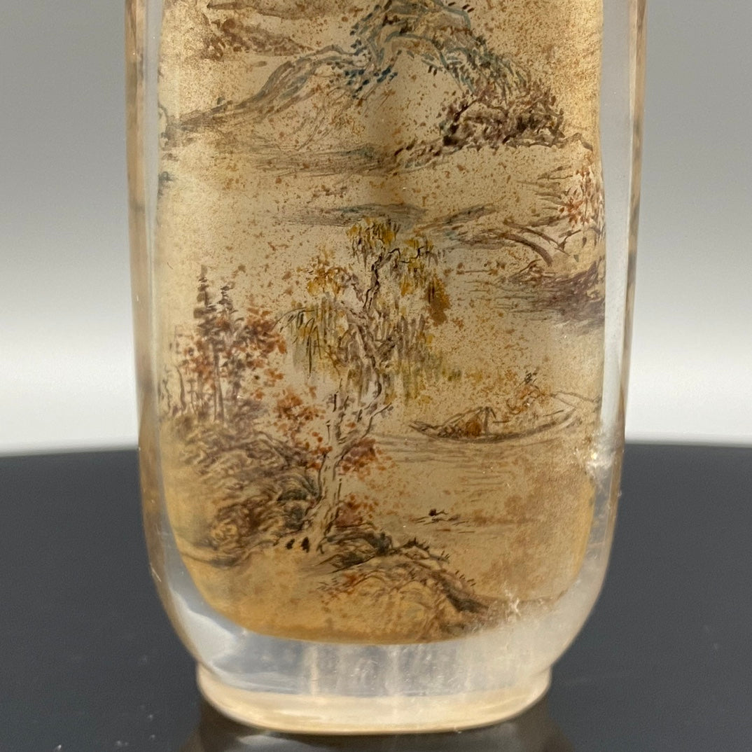 A0792 Old Chinese Crystal Inside Painting Mountain River Scene Design Snuff Bottle w Stopper