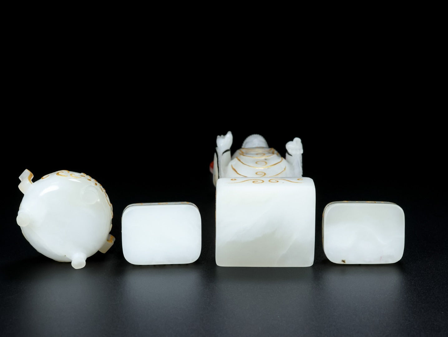 A0797 A Set Exquisite Chinese Gilt Gold White Hetian Jade Carved Siddhartha Buddha Statue & Beast Seal & Incense Burner