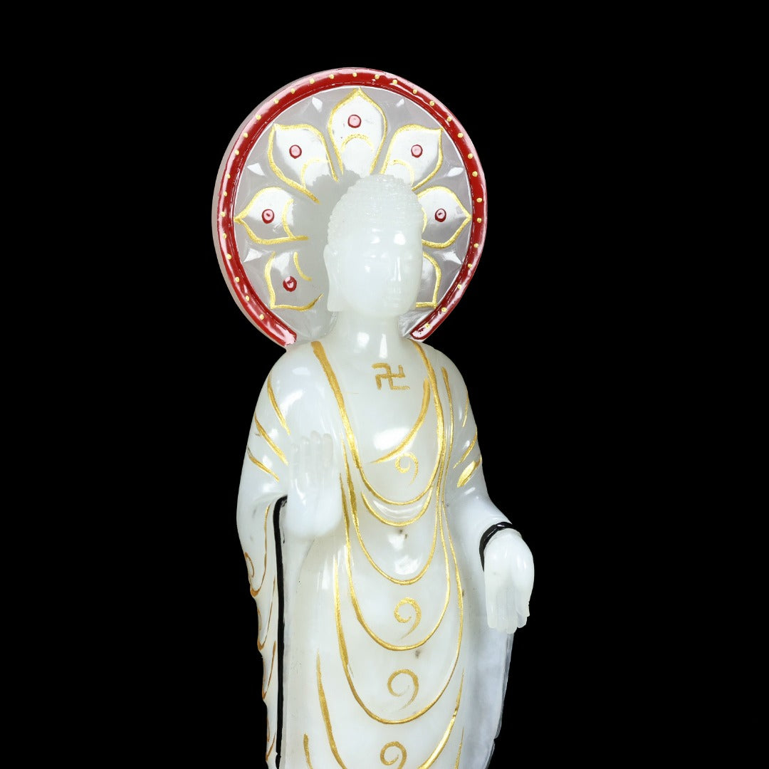 A0797 A Set Exquisite Chinese Gilt Gold White Hetian Jade Carved Siddhartha Buddha Statue & Beast Seal & Incense Burner