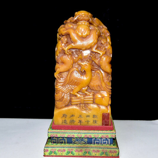 A0802 Superb Old Chinese Shoushan Tianhuang Stone Carved Dragon & Phoenix Seal Statue w Box