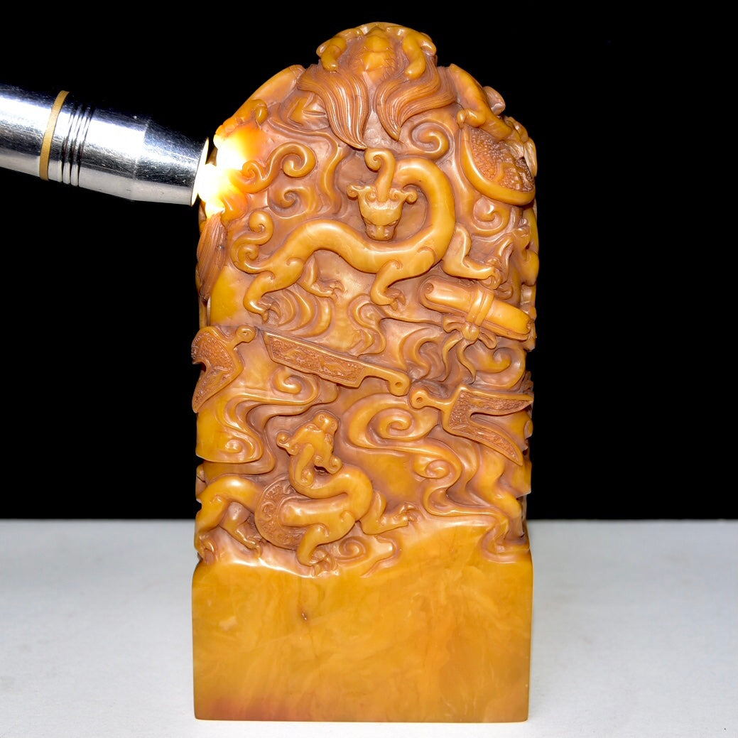 A0802 Superb Old Chinese Shoushan Tianhuang Stone Carved Dragon & Phoenix Seal Statue w Box