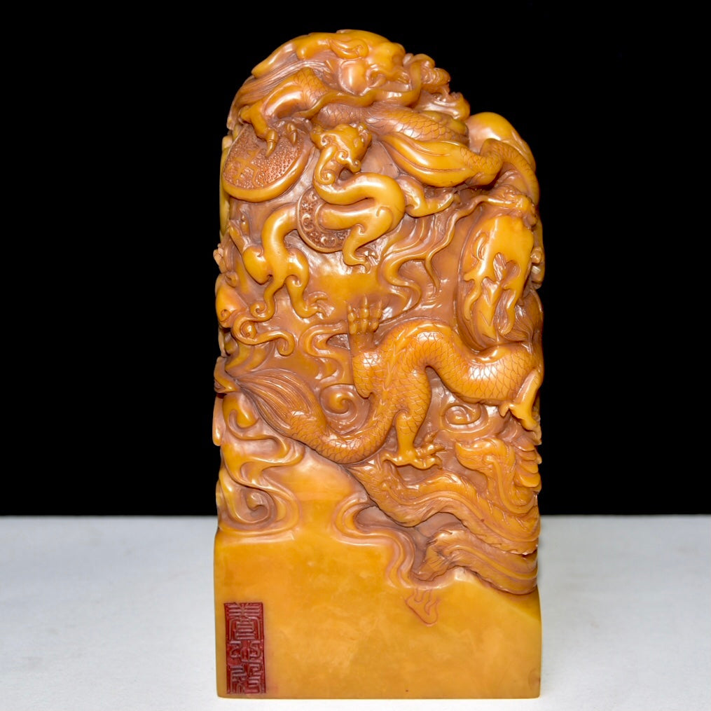 A0802 Superb Old Chinese Shoushan Tianhuang Stone Carved Dragon & Phoenix Seal Statue w Box