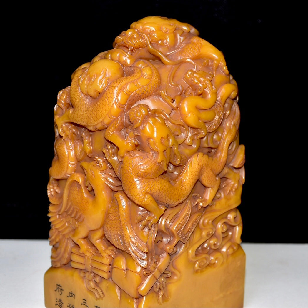 A0802 Superb Old Chinese Shoushan Tianhuang Stone Carved Dragon & Phoenix Seal Statue w Box