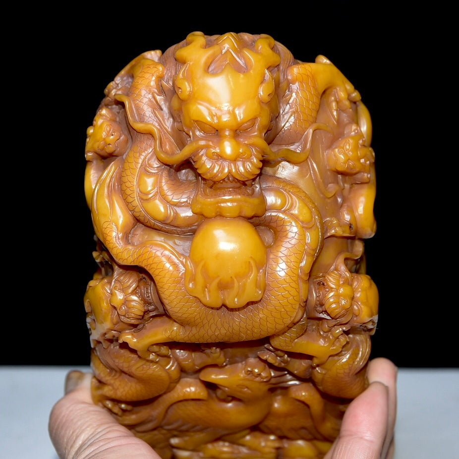 A0802 Superb Old Chinese Shoushan Tianhuang Stone Carved Dragon & Phoenix Seal Statue w Box