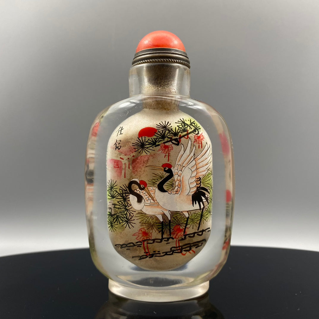 A0804 Old Chinese Peking Glass Inside Painting Pine Tree & Crane Design Snuff Bottle w Stopper