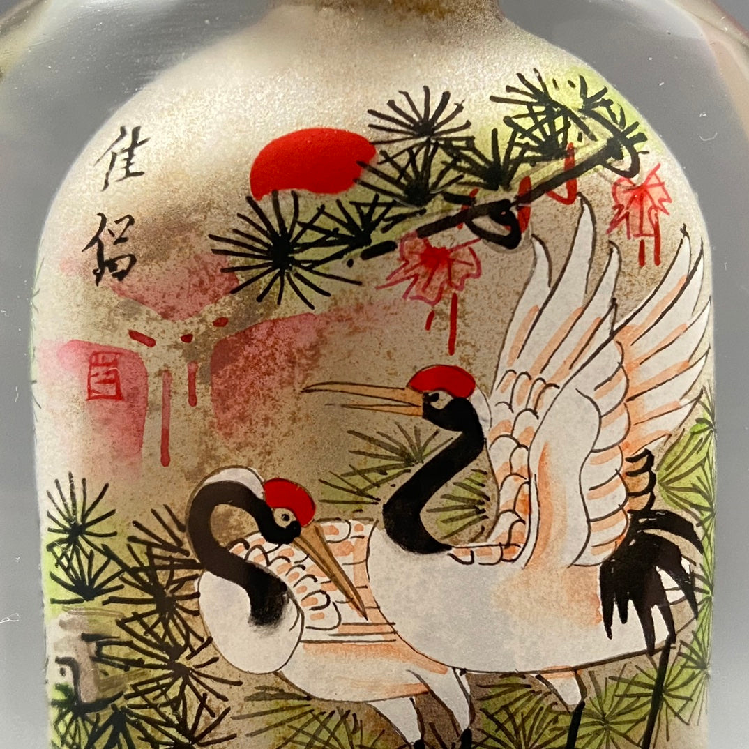 A0804 Old Chinese Peking Glass Inside Painting Pine Tree & Crane Design Snuff Bottle w Stopper