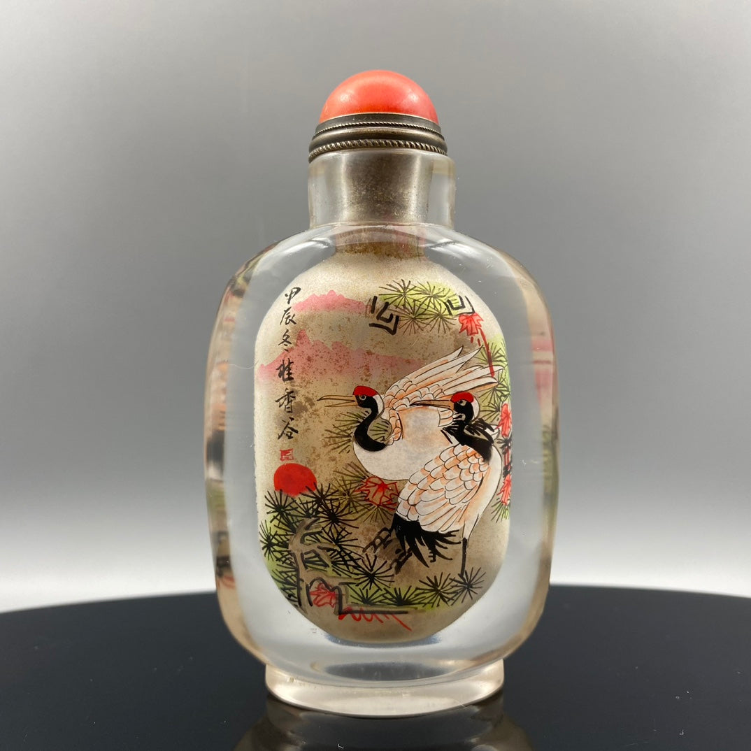 A0804 Old Chinese Peking Glass Inside Painting Pine Tree & Crane Design Snuff Bottle w Stopper