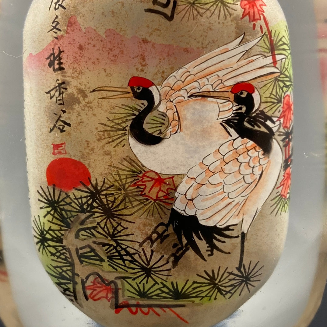 A0804 Old Chinese Peking Glass Inside Painting Pine Tree & Crane Design Snuff Bottle w Stopper