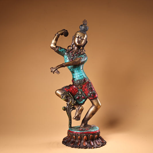A0805 Tibetan Buddhism Gilt Gold Copper Inlay Turquoise & Gems Tara Statue