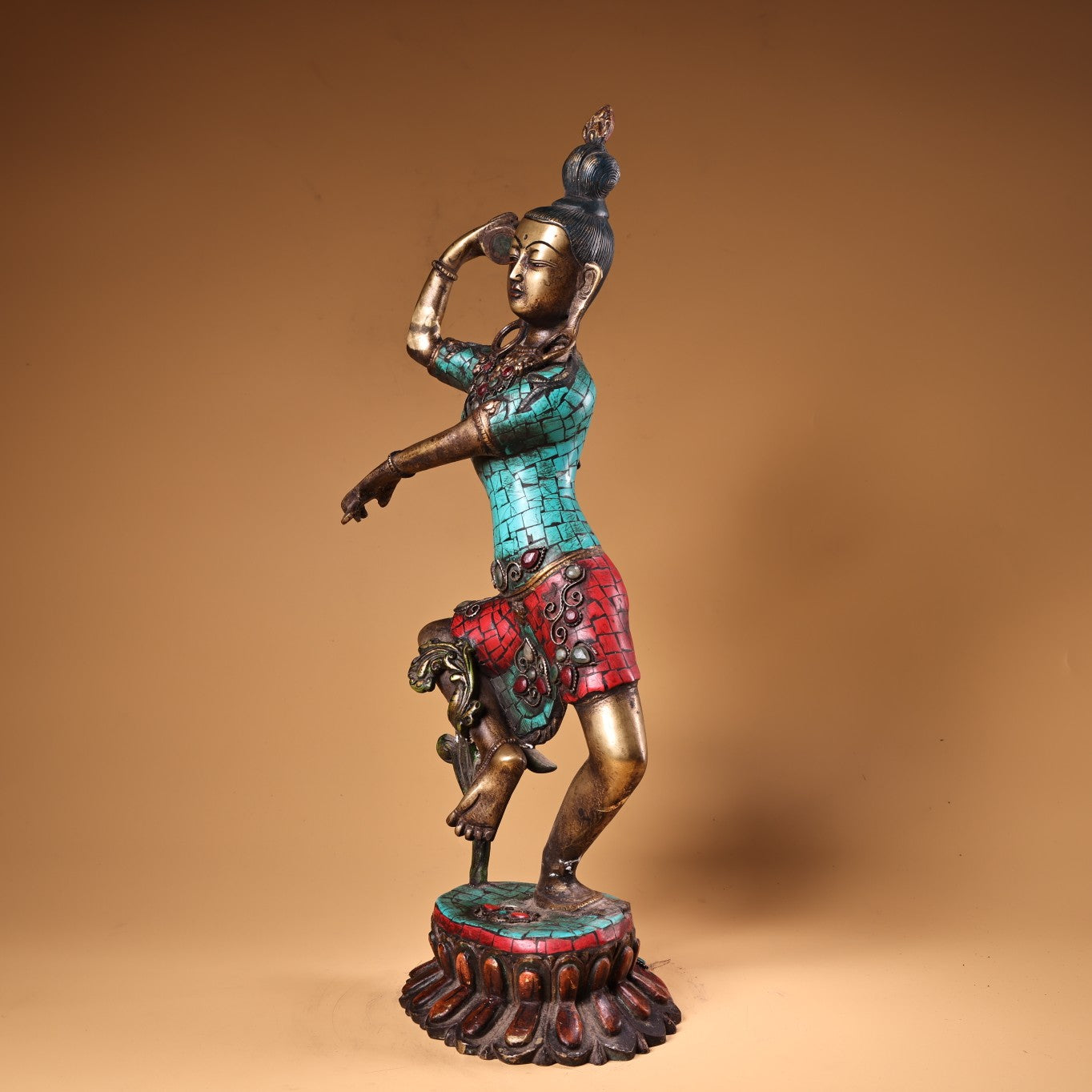 A0805 Tibetan Buddhism Gilt Gold Copper Inlay Turquoise & Gems Tara Statue