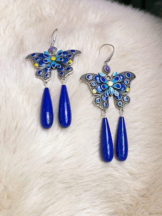 A0807 A Pair Beautiful 925 Silver Enamel Inlay Lapis Lazuli Butterfly Earring