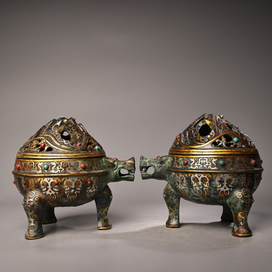A0811 A Pair Vintage Chinese Silver Plated Gilt Gold Bronze Inaly Gems Fortune Beast Incense Burner