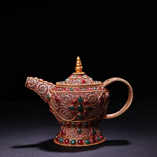 A0815 Vintage Tibetan Gilt Gold Silver Wires Inlay Gems Wine Pot