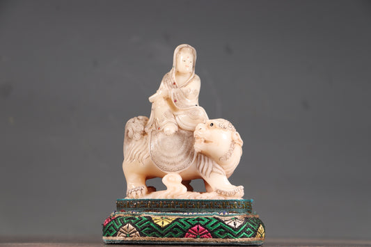 A0817 Superb Old Chinese Shoushan Tianhuang Stone Carved Manjushri Bodhisattva Statue